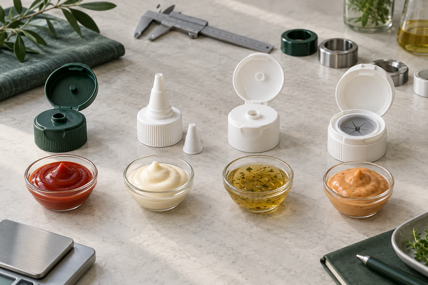 Bouchon à clapet, embout doseur, capsule disc-top et valve comparés avec différentes textures de sauces