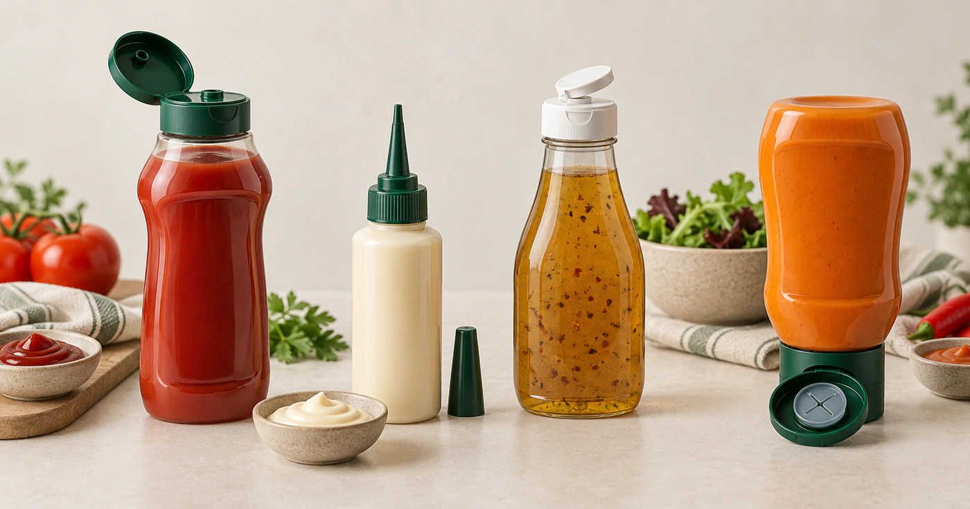 Comparatif de quatre systèmes de distribution pour sauce : bouchon à clapet, embout doseur, capsule disc-top et valve