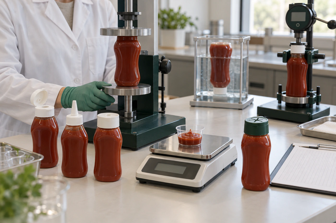 Essais de compression, de dosage, d’étanchéité et de couple sur des flacons souples pour sauces