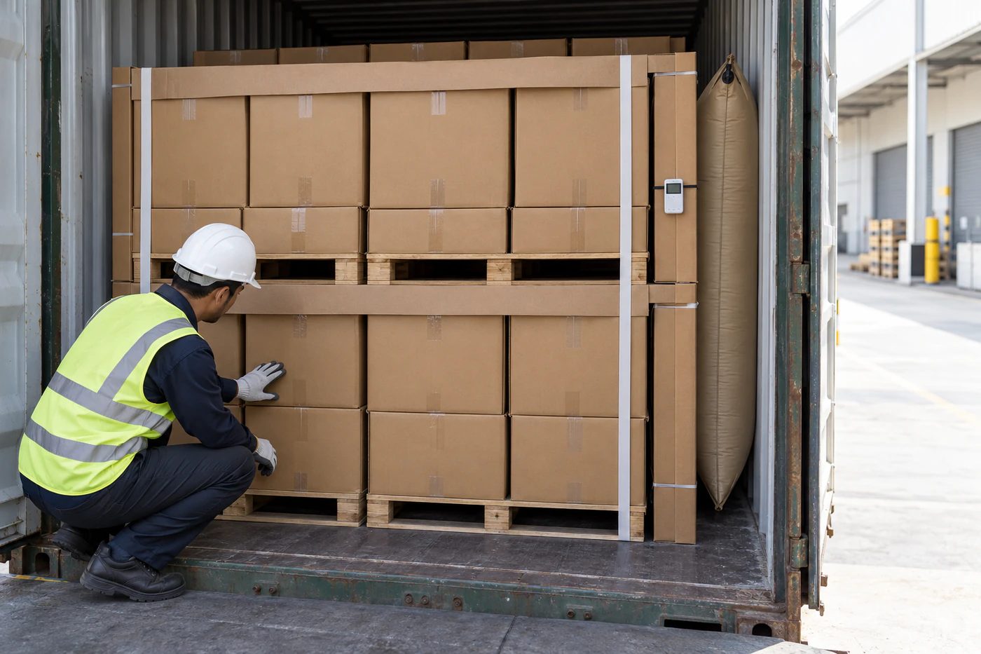Contrôle du gerbage, du sanglage et du calage de cartons dans un conteneur