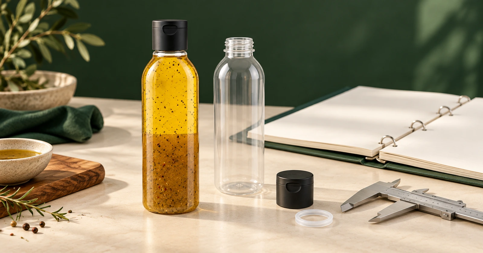 Bouteilles pour sauces, bouchon, joint et dossier technique pour préparer une revue de conformité au contact alimentaire