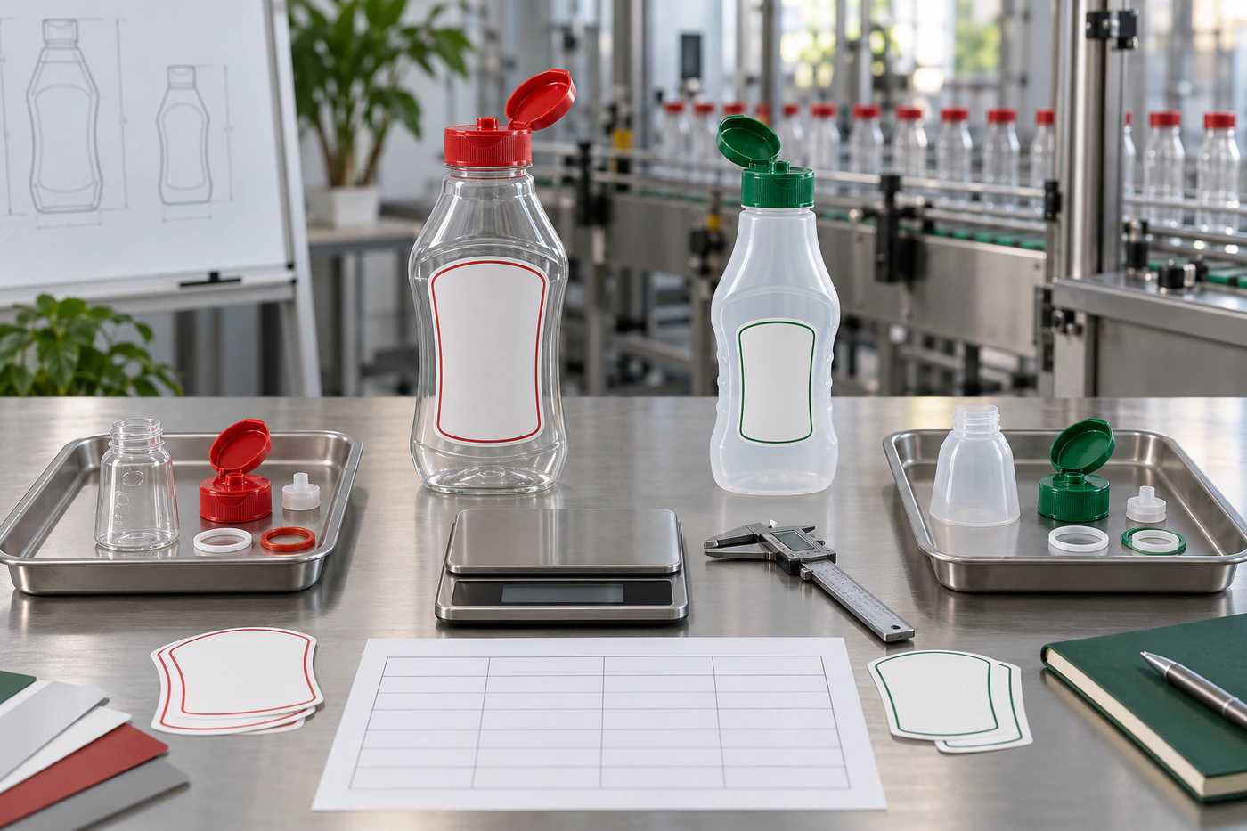 Deux configurations de bouteilles de sauce avec leurs bouchons, étiquettes et instruments de mesure