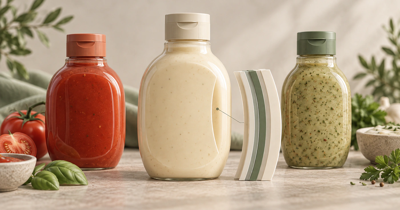 Illustration de flacons pour sauces et d'une paroi multicouche avec couche barrière centrale