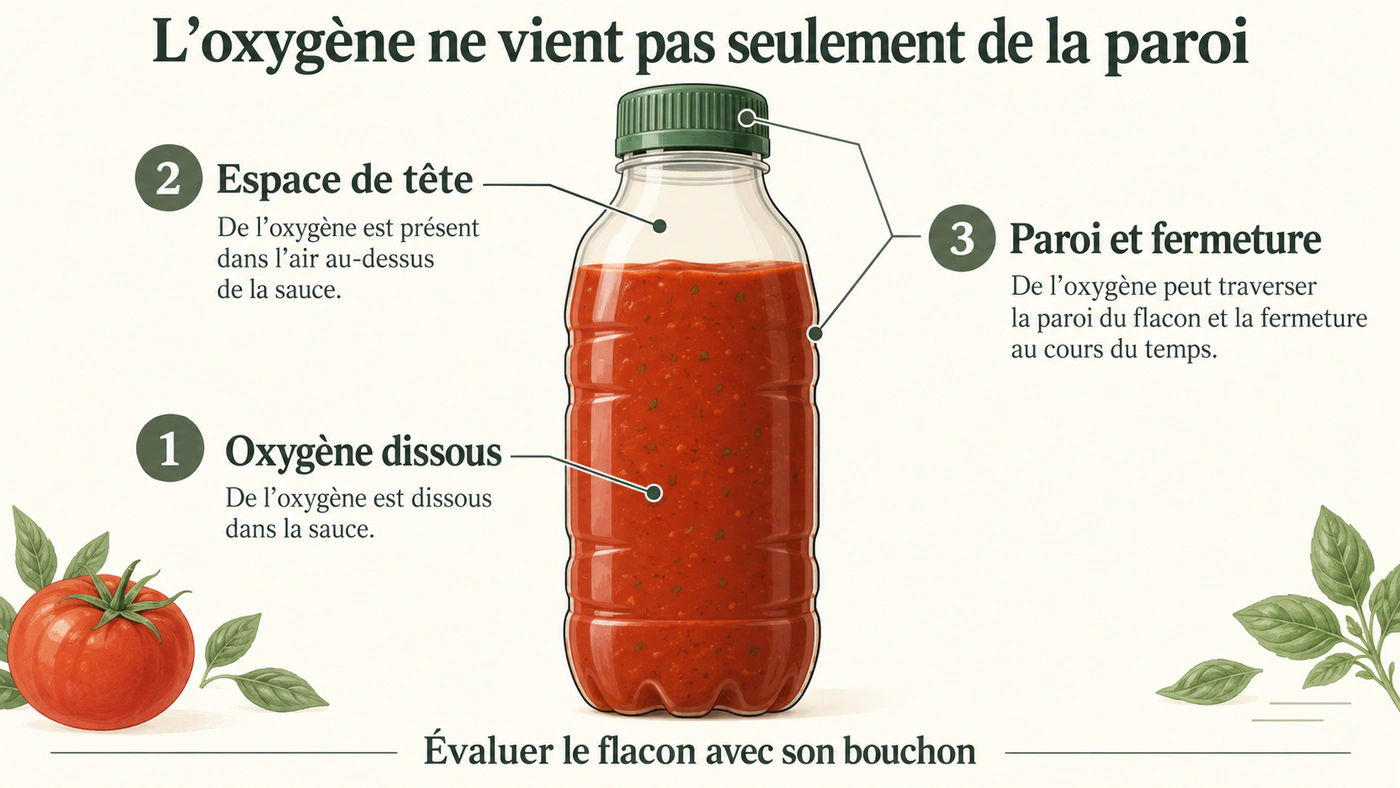 Coupe d'un flacon fermé montrant l'oxygène dissous, l'espace de tête et les zones de paroi et de fermeture à évaluer