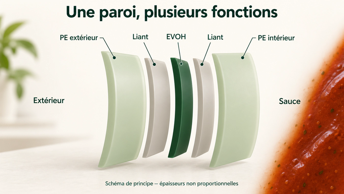 Schéma de cinq couches : PE extérieur, liant, EVOH, liant et PE intérieur au contact de la sauce