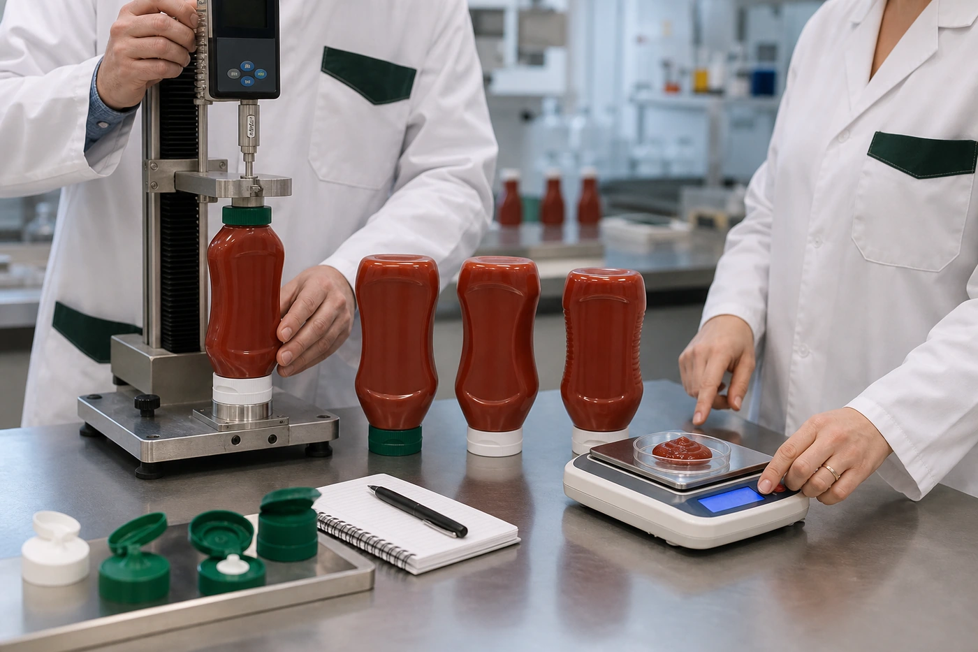 Essais de compression et de dosage sur des bouteilles de ketchup personnalisées