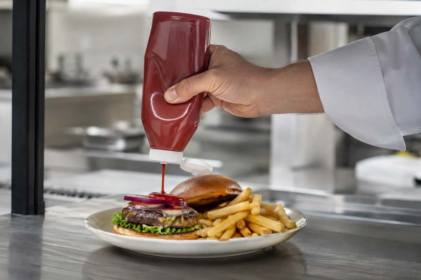 Service du ketchup avec un flacon souple utilisé tête en bas