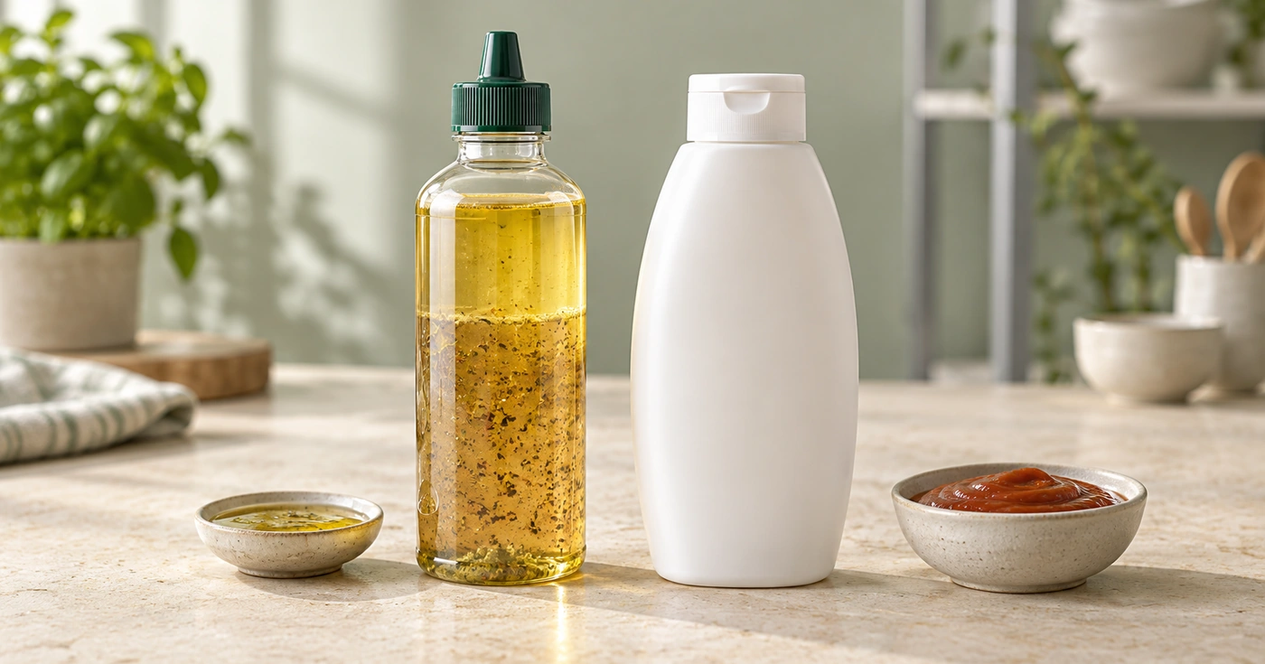 Illustration de deux bouteilles pour sauces, transparente en PET et opaque en PEHD