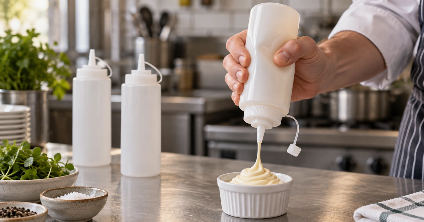 Illustration du dosage d'une mayonnaise avec un flacon souple à embout dans une cuisine professionnelle