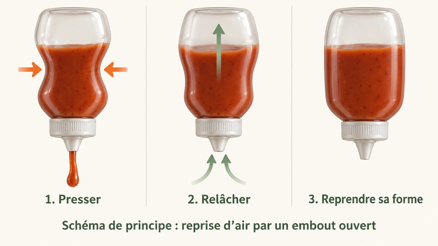 Schéma en trois étapes : presser le flacon, relâcher avec entrée d'air par l'embout, puis retrouver la forme initiale
