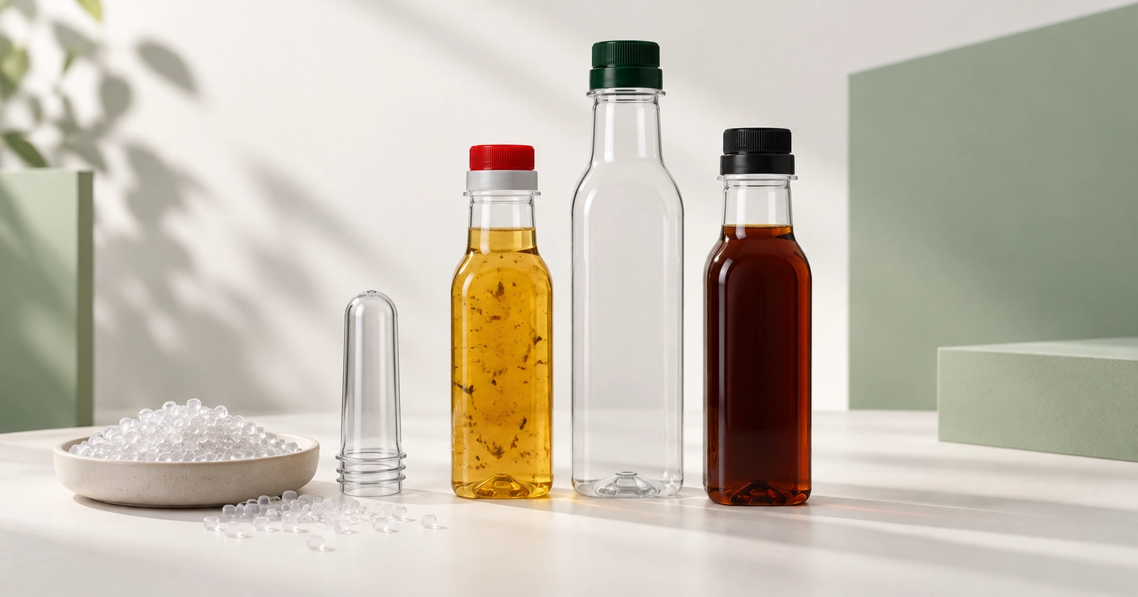 Illustration de bouteilles pour sauces, d’une préforme et de granulés pour préparer un projet PET recyclé