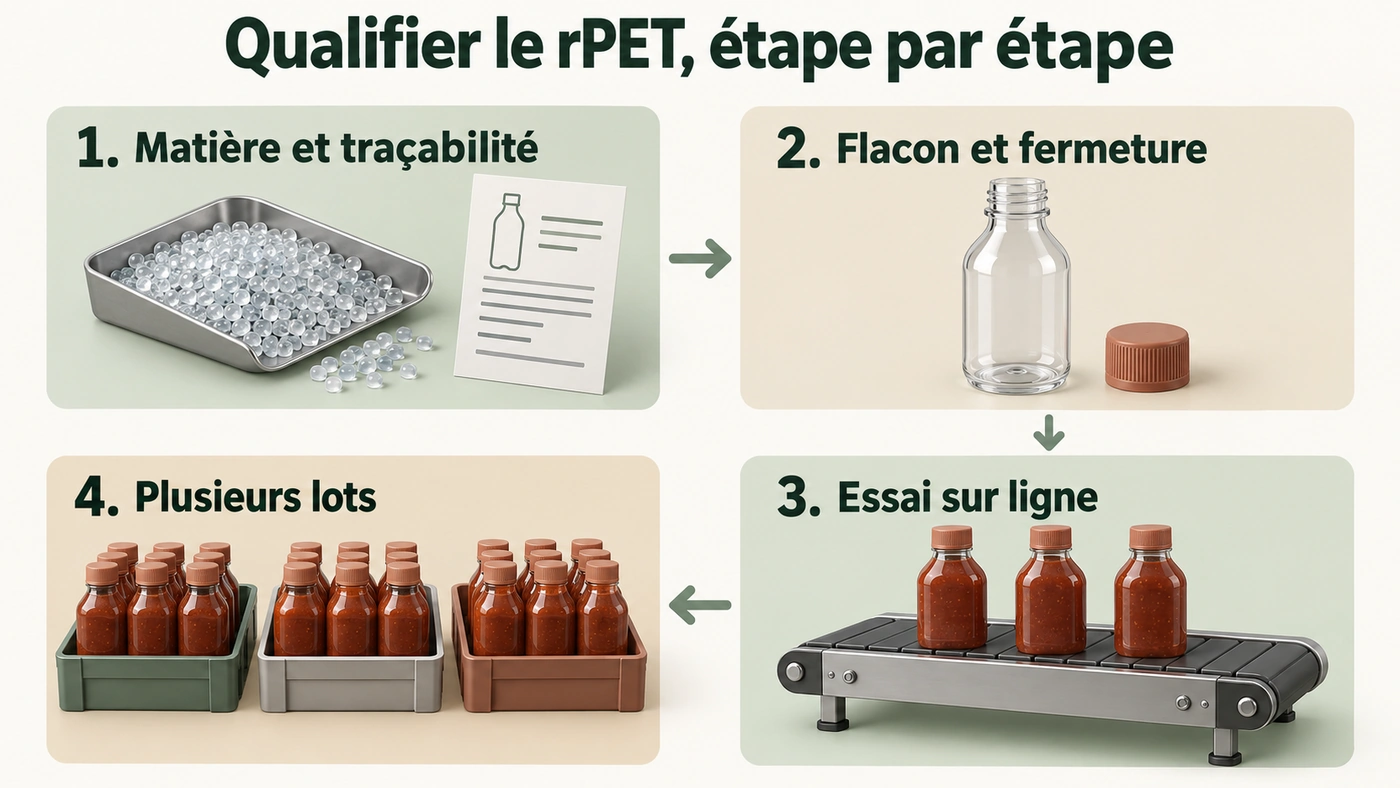Parcours de qualification du rPET : matière et traçabilité, flacon et fermeture, essai sur ligne, puis vérification de plusieurs lots