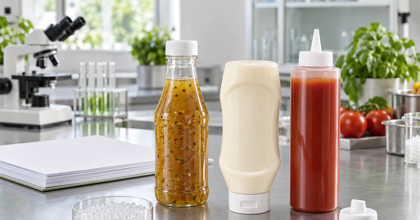 Flacons pour vinaigrette, mayonnaise et sauce tomate examinés avec un dossier de conformité et un échantillon de résine