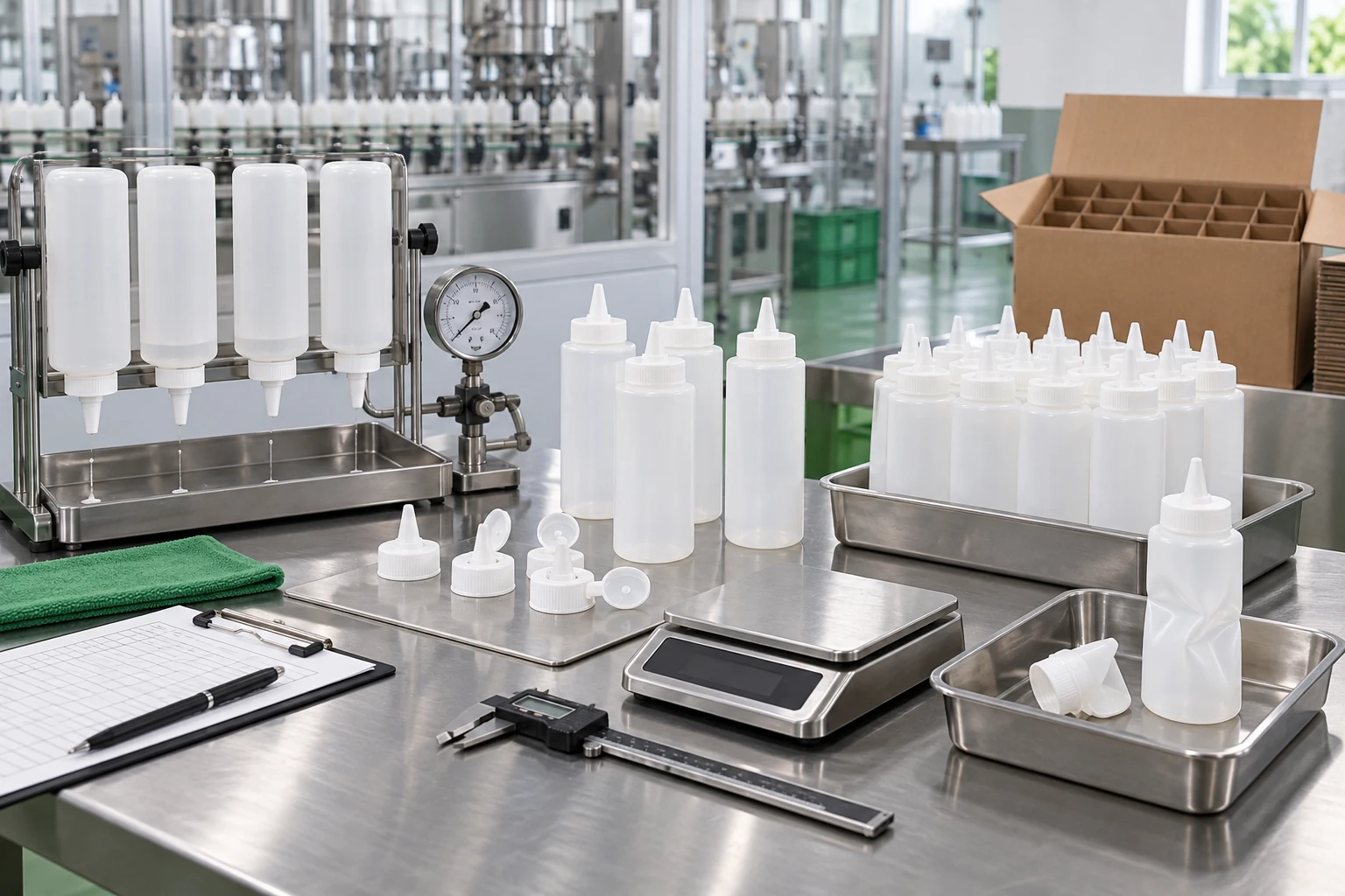 Contrôle de bouteilles souples et de bouchons avant calcul du coût par unité conforme