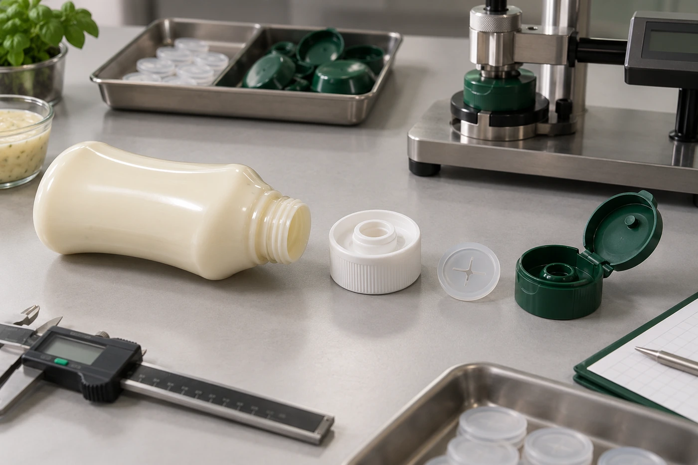 Contrôle du corps, du col, du bouchon et de la valve silicone d’un flacon de sauce