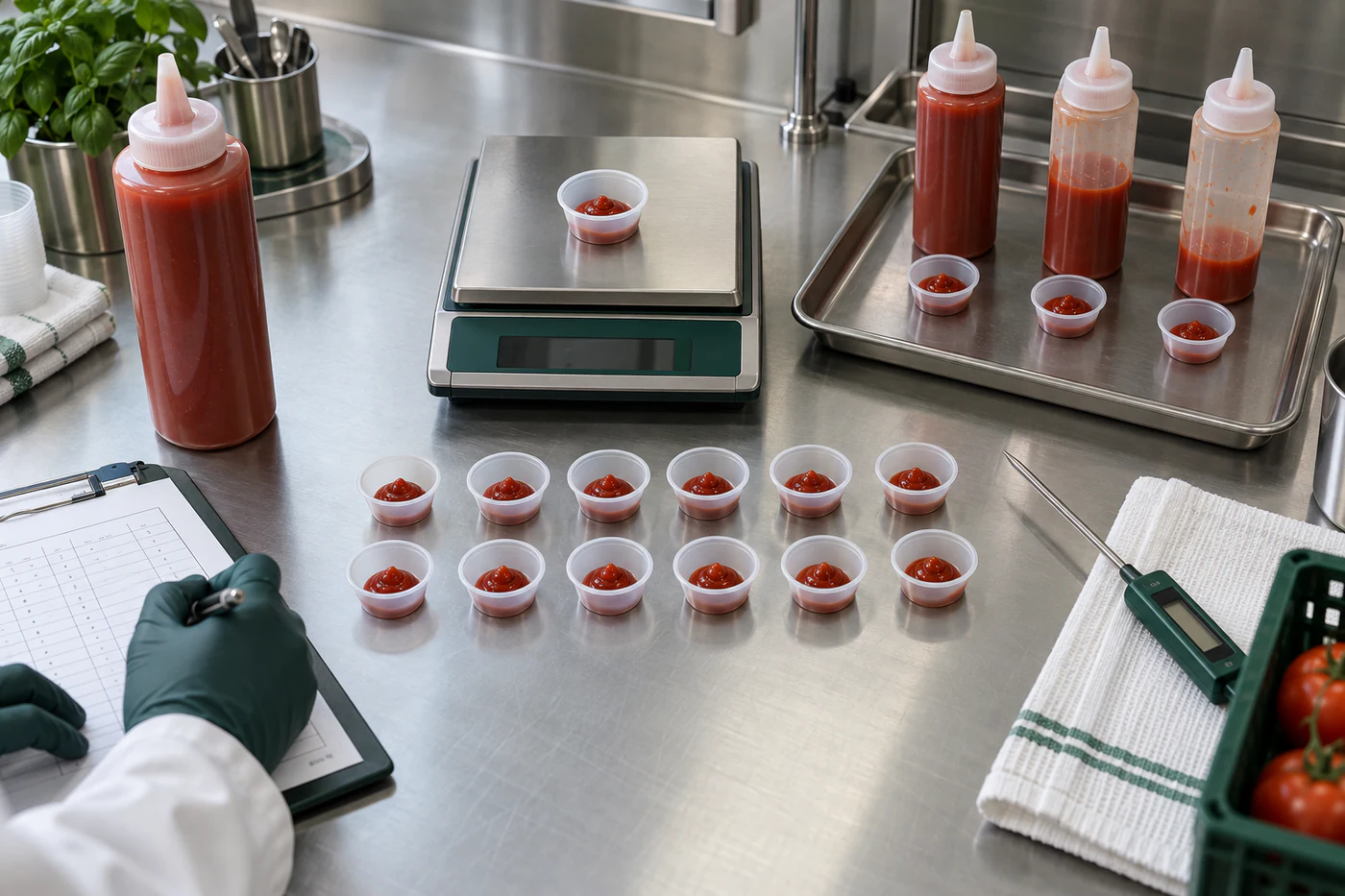 Série de doses de sauce épaisse pesées pour vérifier la répétabilité d’un flacon squeeze