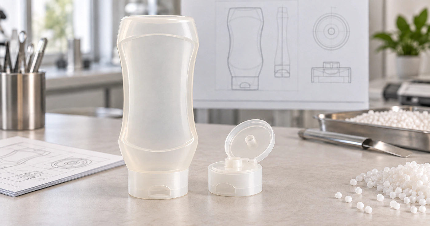 Corps de flacon squeeze et bouchon à clapet en polyéthylène naturel sur un poste de développement packaging