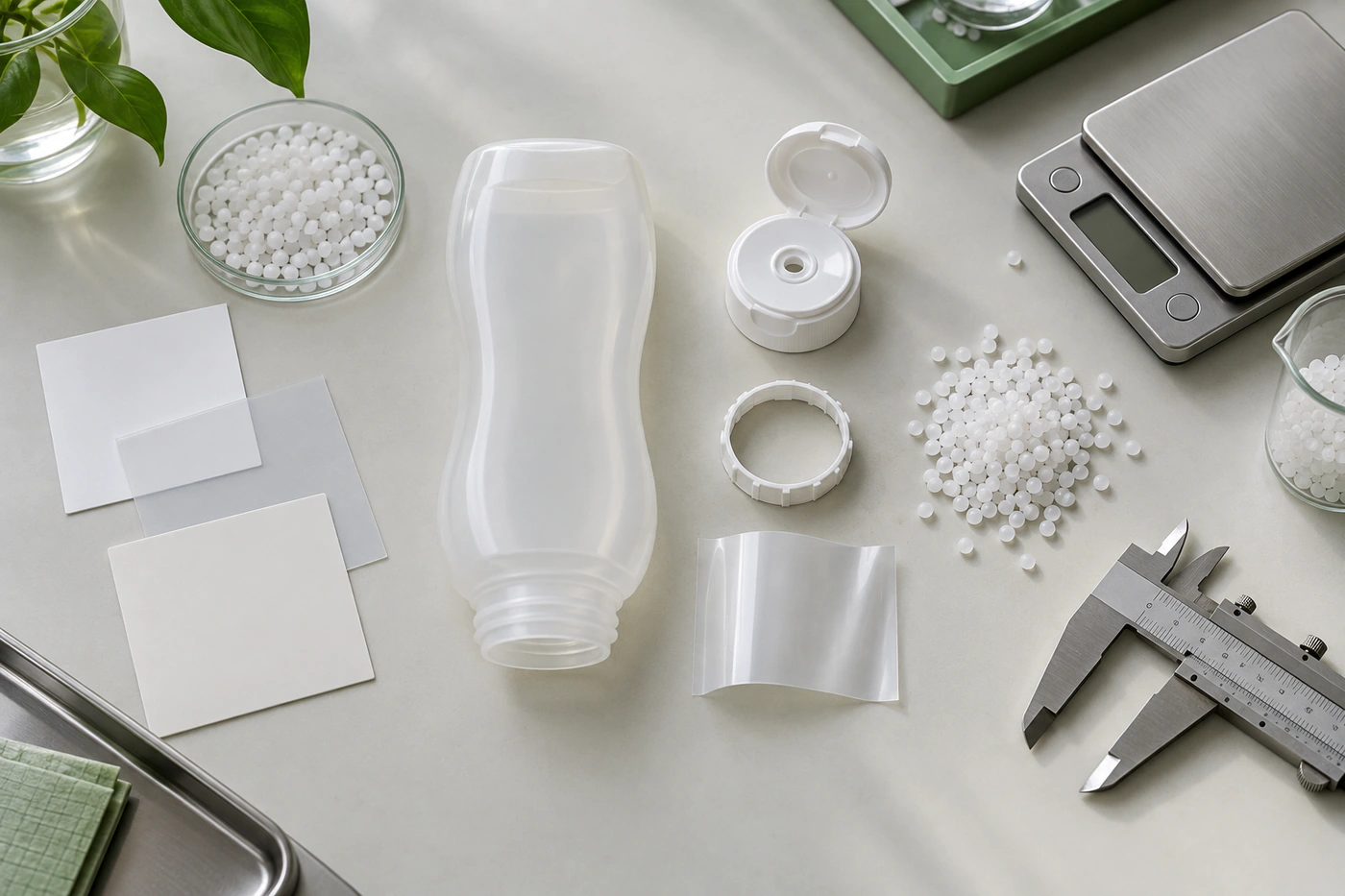Nomenclature d’un flacon squeeze avec corps, bouchon, bague, décor et granulés de polyéthylène