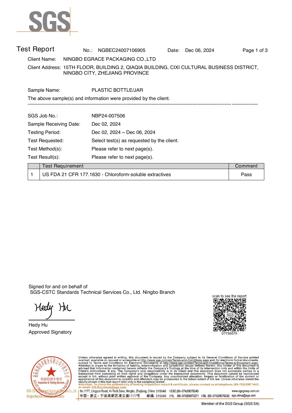 Rapport de contact alimentaire du PET – page 1 sur 3