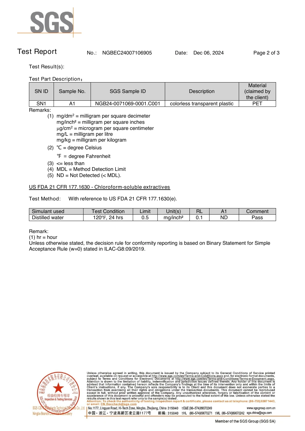Rapport de contact alimentaire du PET – page 2 sur 3