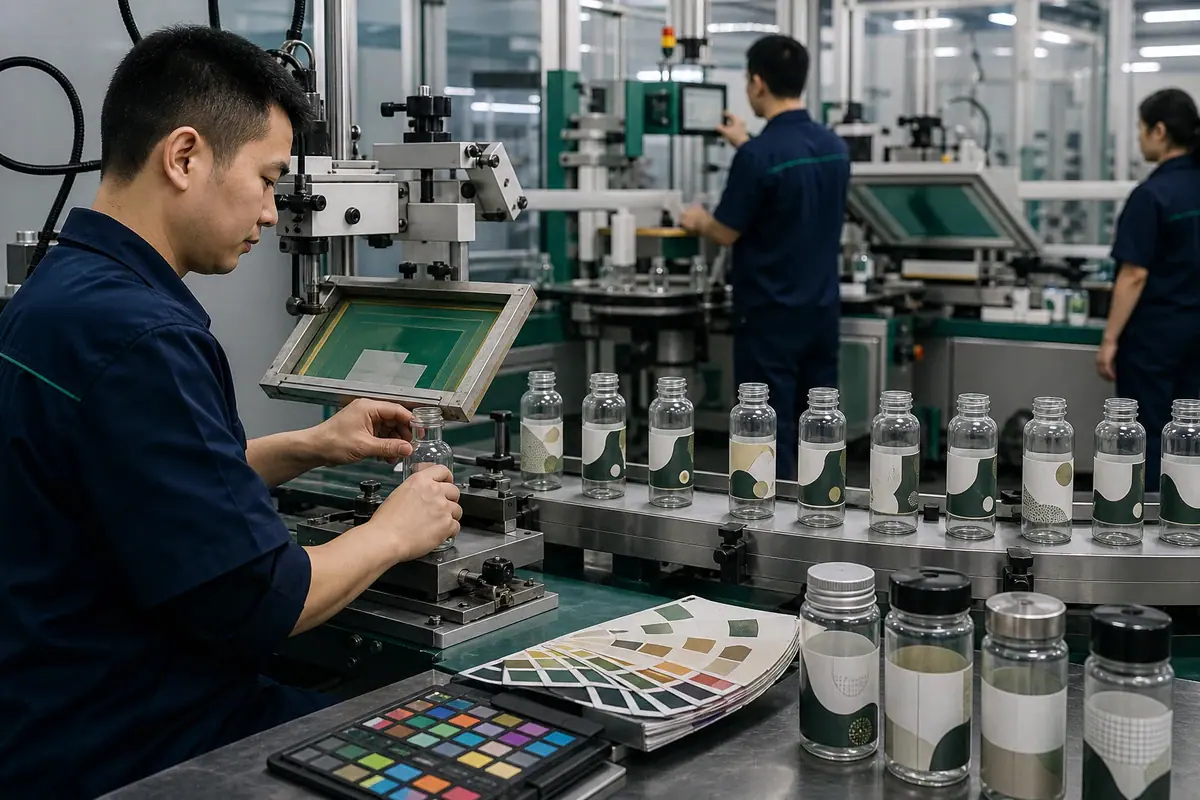 Contrôle d'un décor sur des bouteilles avant production en série