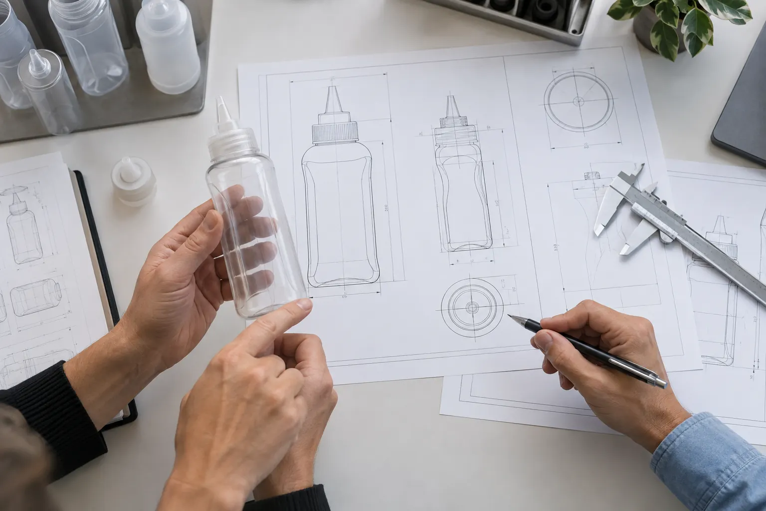 Revue d'un plan de bouteille avec dimensions, pied à coulisse et échantillon plastique