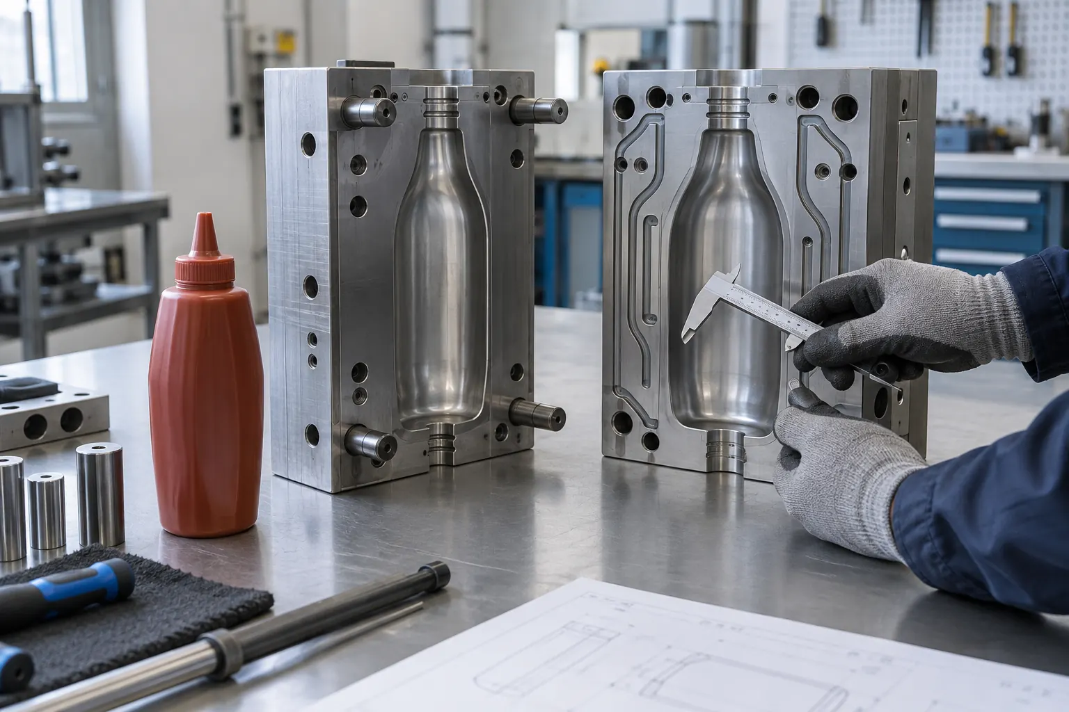 Empreintes métalliques de moule pour bouteille de sauce observées sur un établi technique
