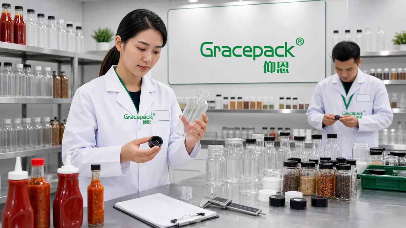 Contrôle d'une bouteille de sauce et de sa fermeture avant expédition depuis une usine chinoise