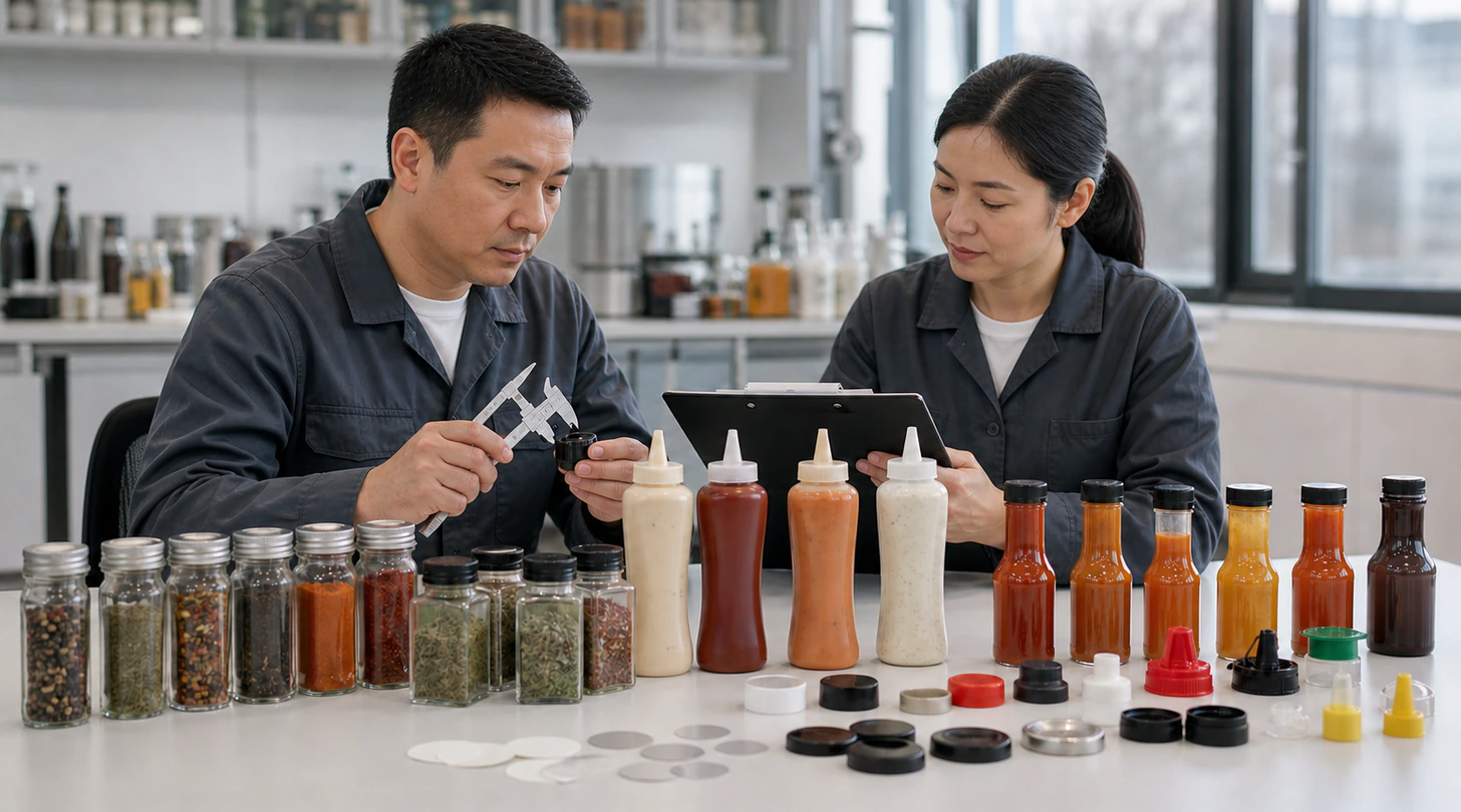 Ingénieurs examinant des bouteilles pour sauces, pots à épices et bouchages