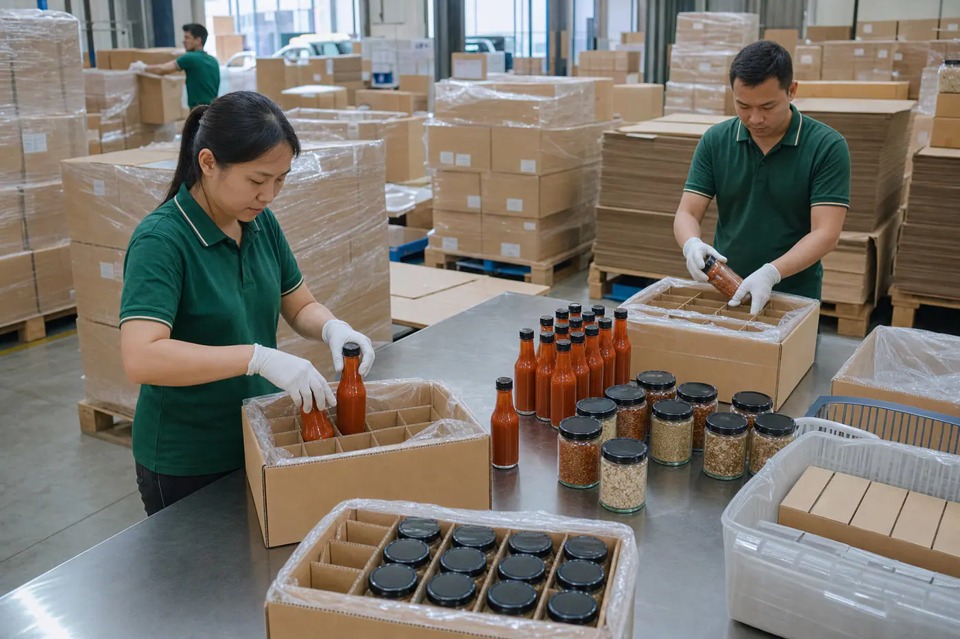 Conditionnement de bouteilles de sauce dans des cartons d'export