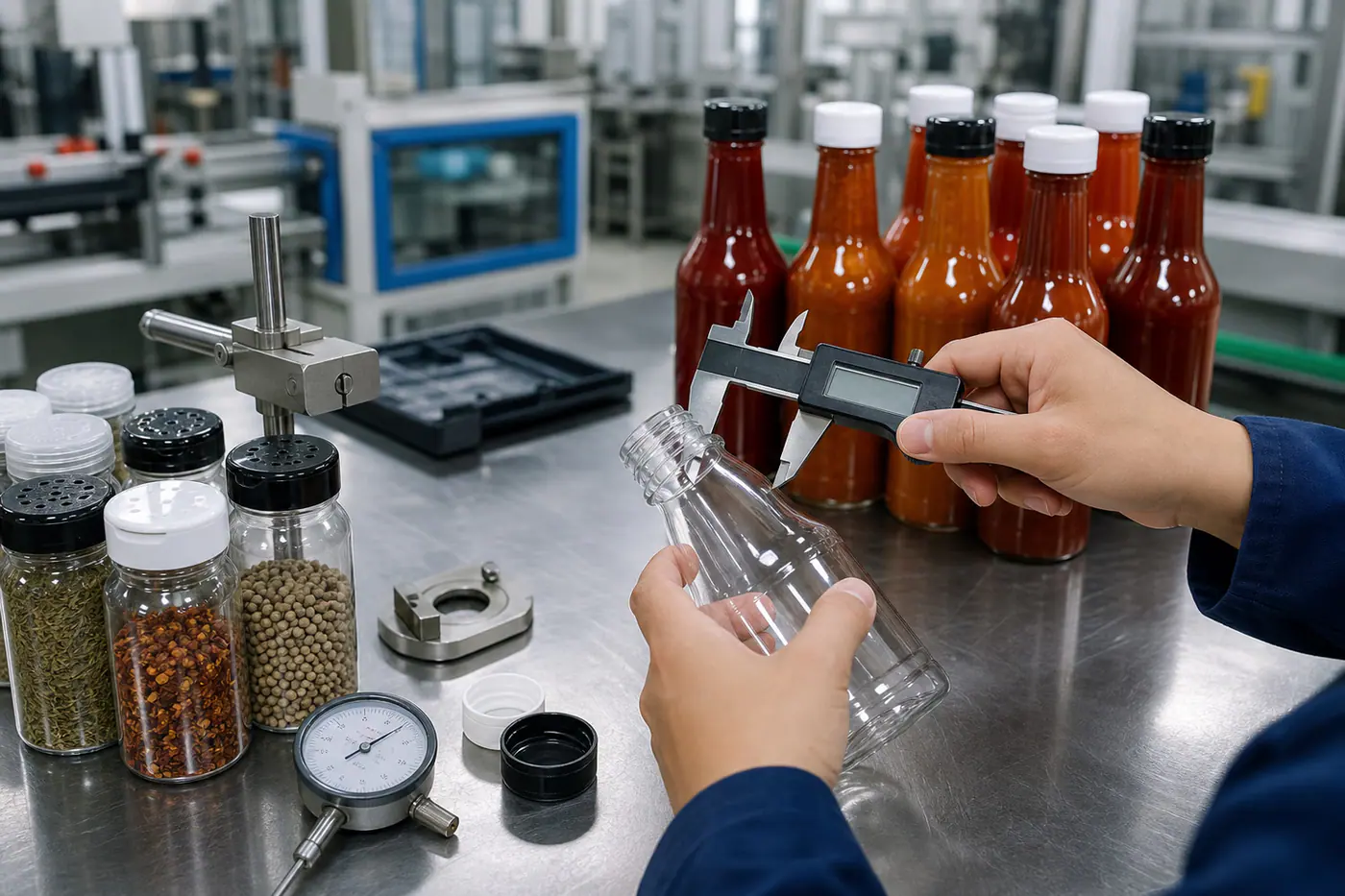 Mesure du col d'une bouteille en plastique pendant un contrôle qualité