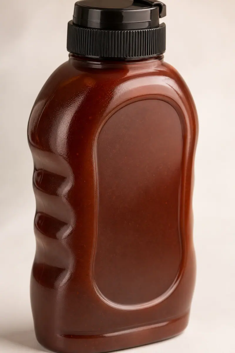 Détail de la géométrie d'un flacon souple pour sauce avec zone de préhension et base