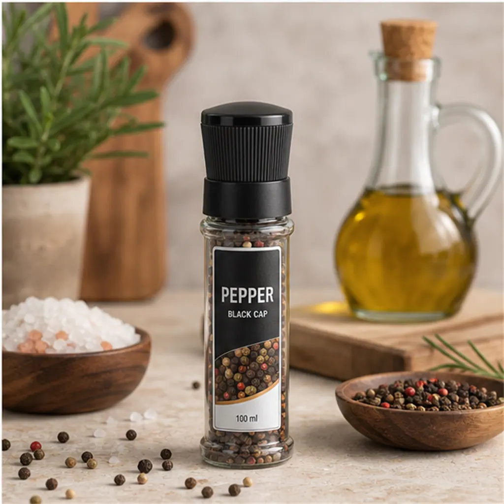 Moulin à poivre compact, tête noire, 100 ml – utilisation pour le conditionnement alimentaire