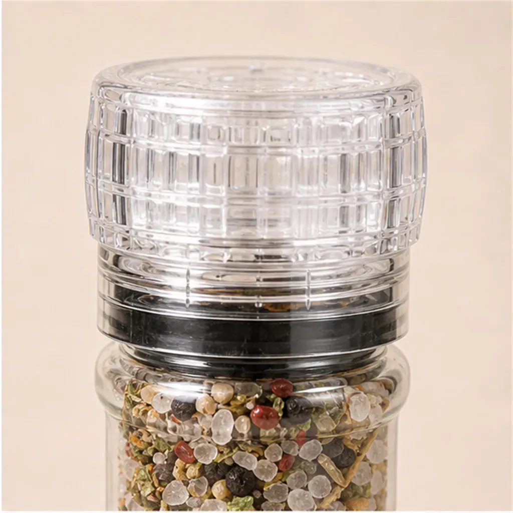 Moulin à épices compact, tête transparente, 100 ml détail du bouchon et de l'étanchéité