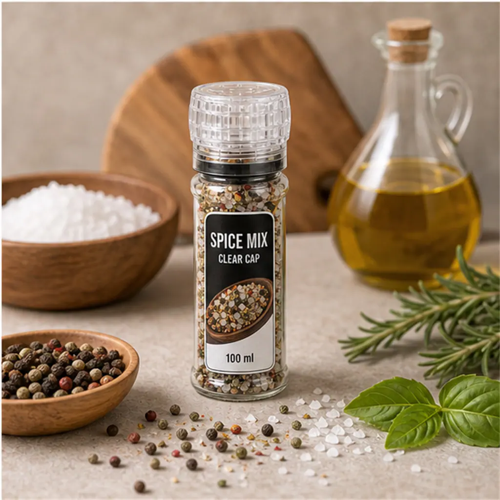 Moulin à épices compact, tête transparente, 100 ml – utilisation pour le conditionnement alimentaire