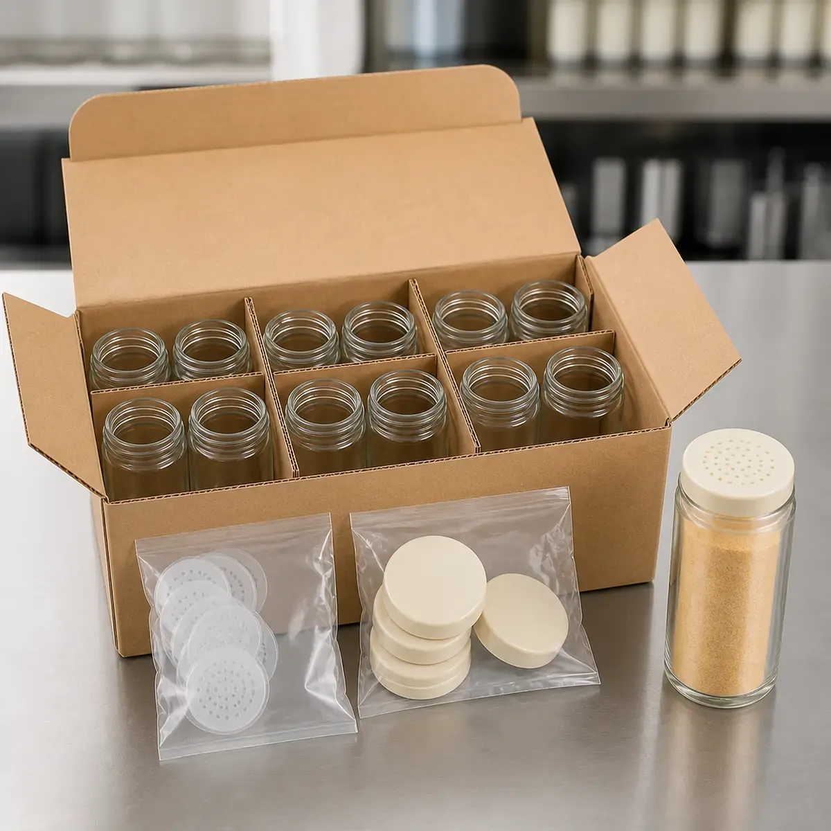 Saupoudreuse en verre pour épices fines détail du matériau et de la fabrication