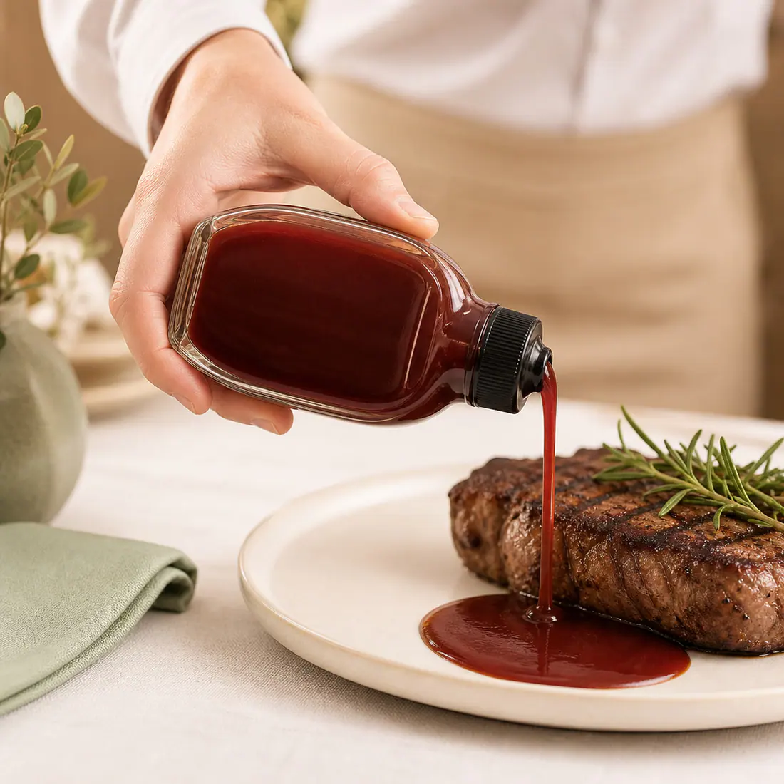 Bouteilles en verre pour sauces en situation d'utilisation