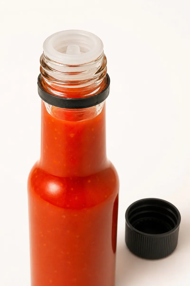 Bouteilles en verre pour sauce piquante avec réducteur détail du bouchon et de l'étanchéité