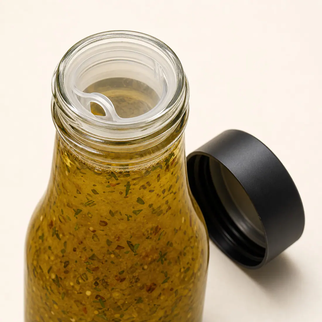 Bouteilles en verre pour vinaigrettes détail du bouchon et de l'étanchéité