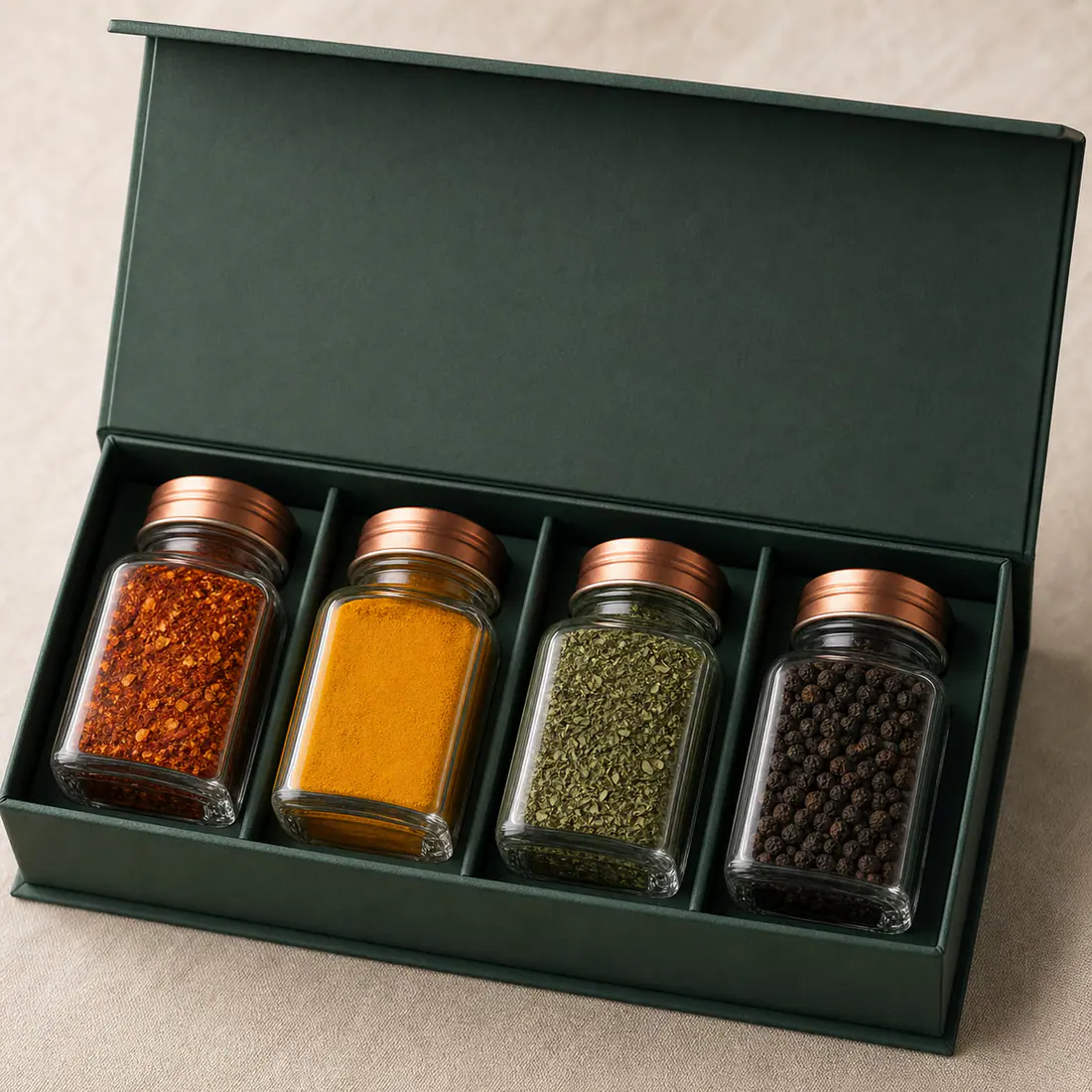 Coffrets de pots à épices en verre détail du matériau et de la fabrication