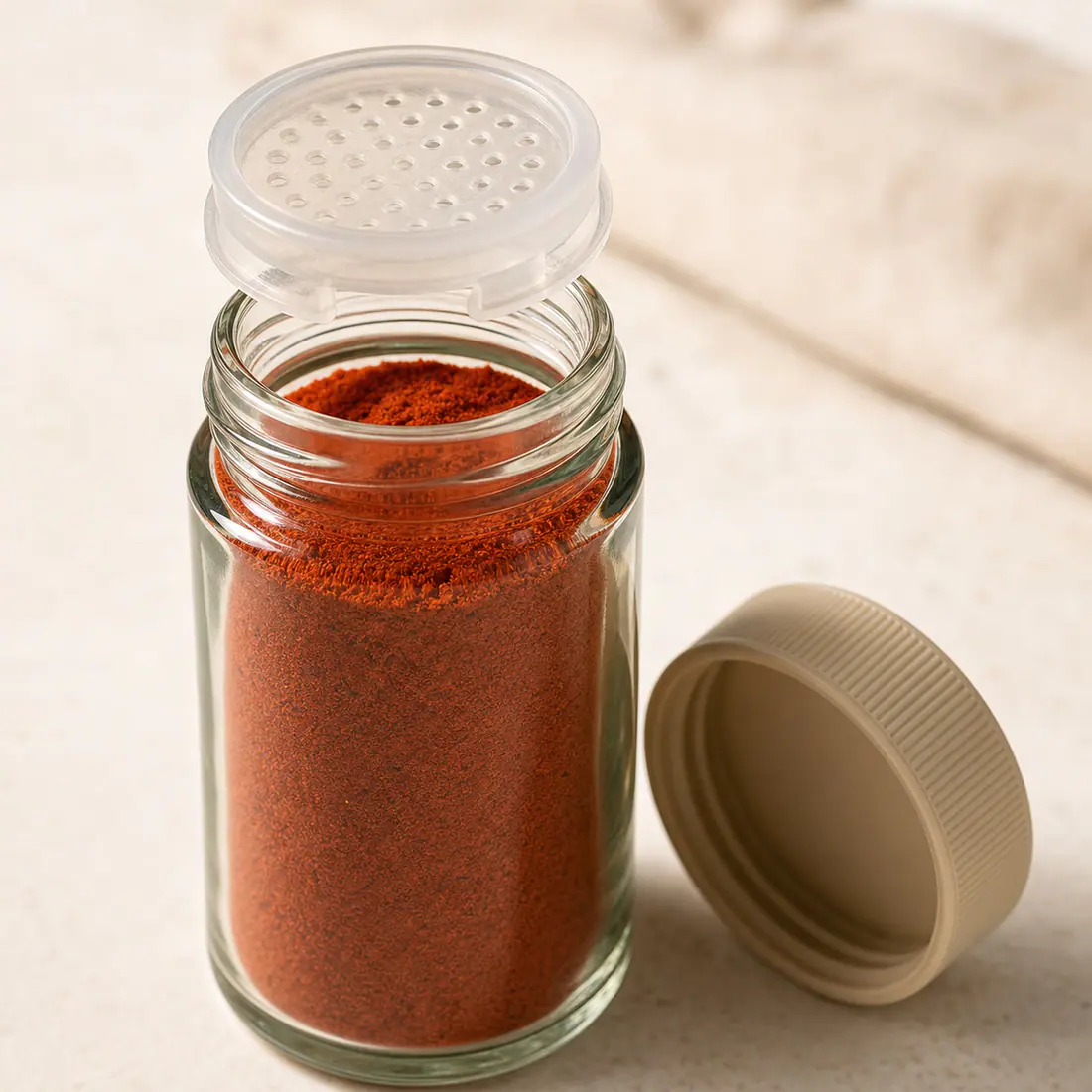 Pots en verre à épices avec saupoudreur détail du bouchon et de l'étanchéité