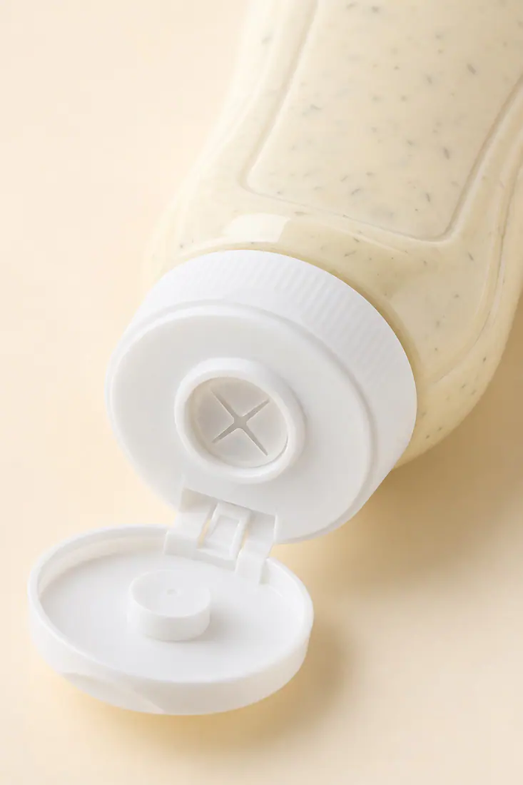 Flacons inversés pour vinaigrette avec valve détail du bouchon et de l'étanchéité