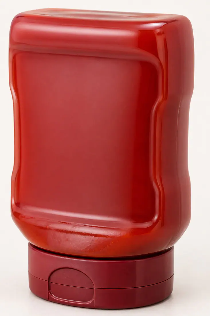 Bouteille inversée pour ketchup détail du matériau et de la fabrication