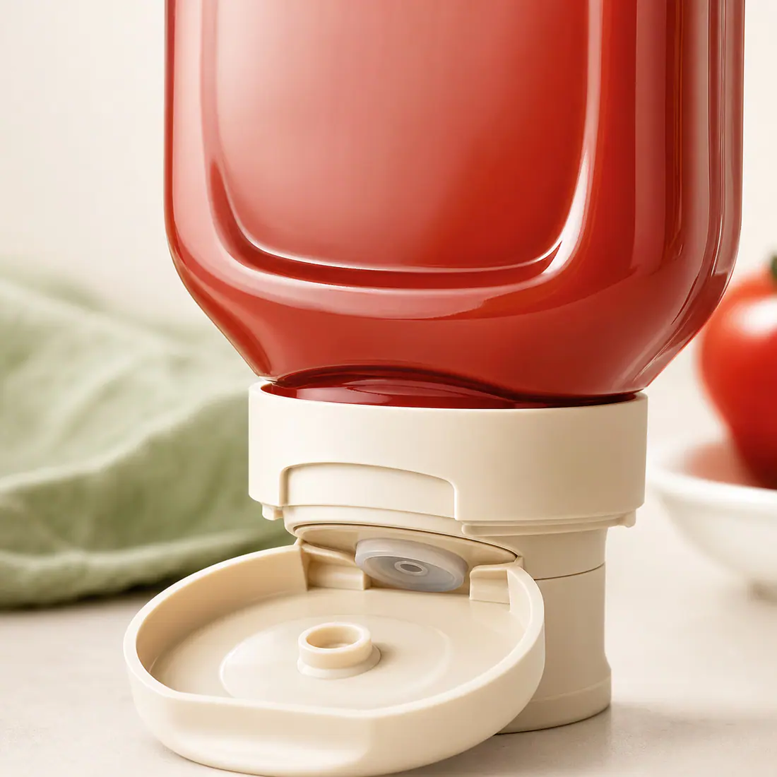 Flacon souple inversé pour ketchup détail du bouchon et de l'étanchéité