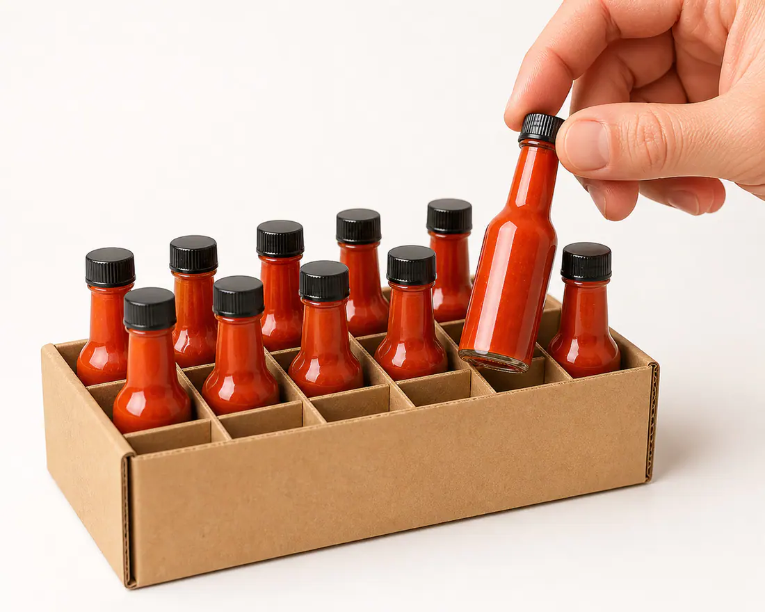 Mini-bouteilles pour sauce piquante en gros détail du matériau et de la fabrication