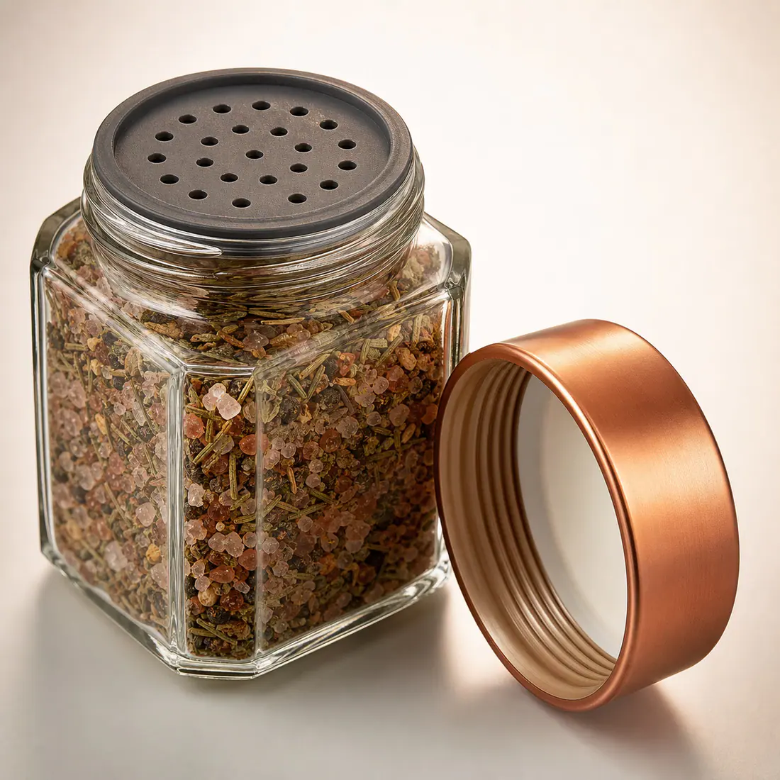 Pots à épices premium en verre détail du bouchon et de l'étanchéité
