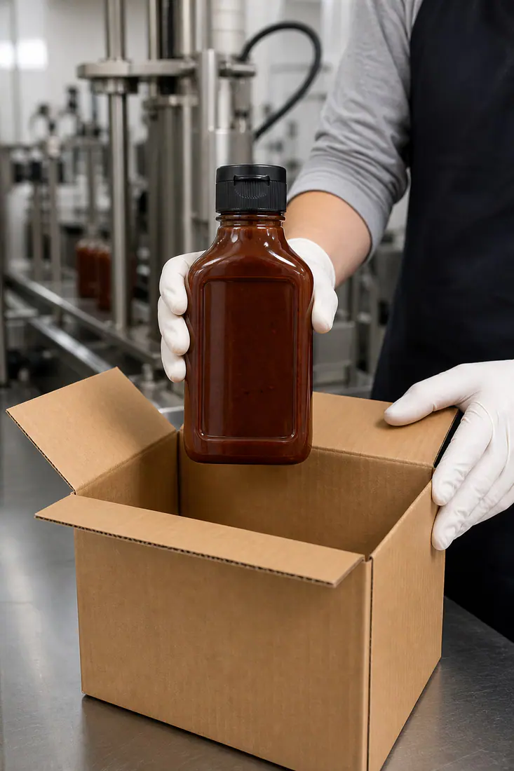 Bouteille de sauce tenue au poste de conditionnement avant sa mise en carton
