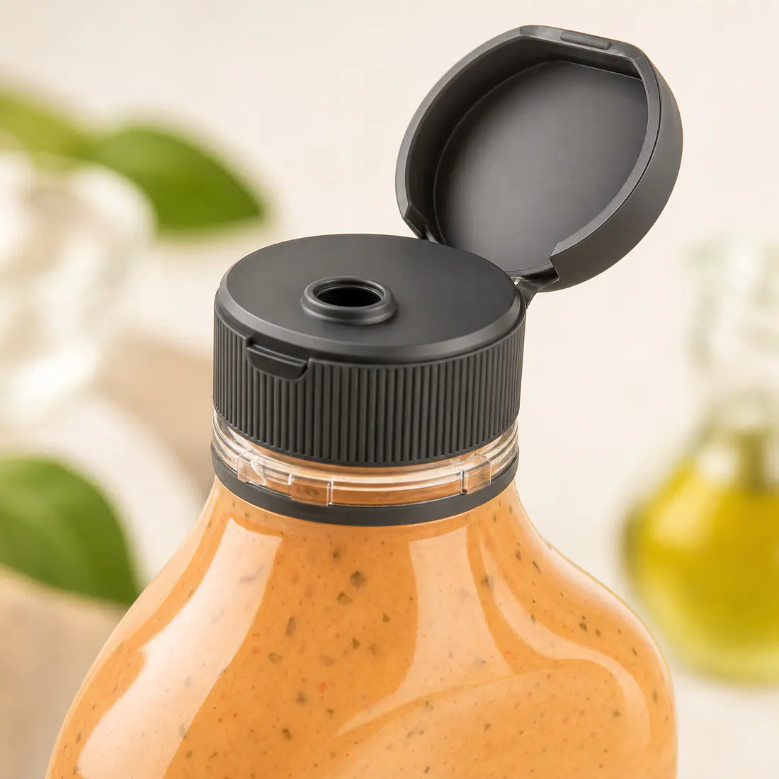 Bouteilles de vinaigrette pour marques propres détail du bouchon et de l'étanchéité