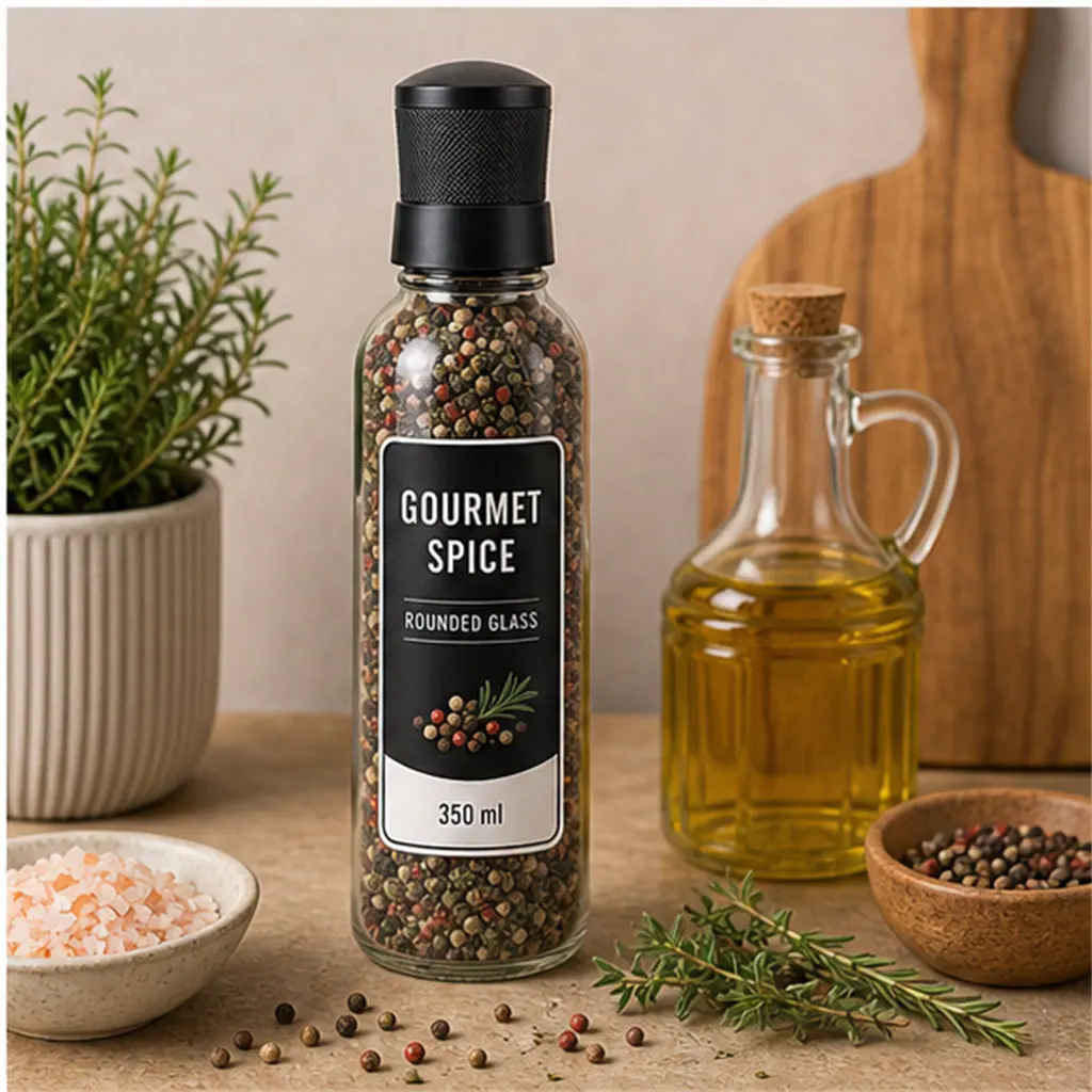 Moulin à épices arrondi en verre 350 ml – utilisation pour le conditionnement alimentaire