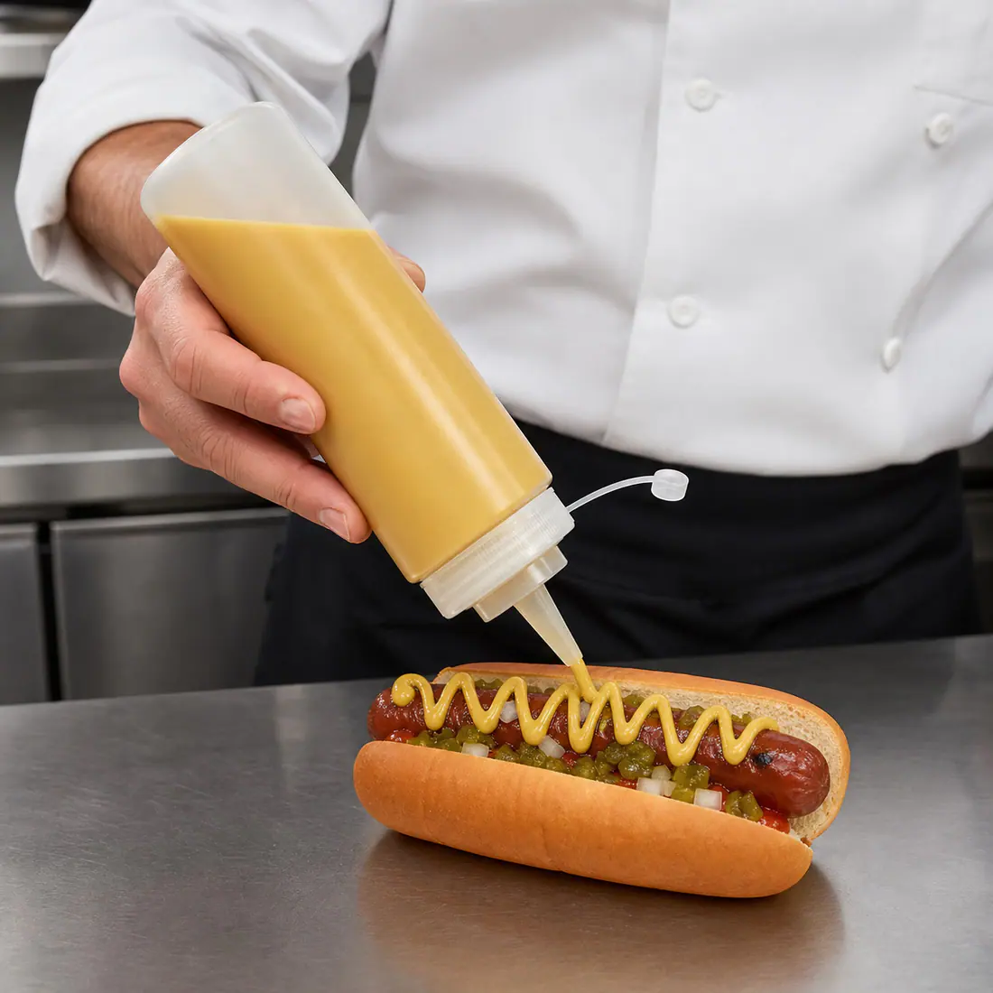 Chef dosant une sauce avec un flacon souple tenu à une main